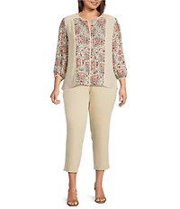 Investments Plus Size Geo Floral Mixed Print 3/4 Sleeve Split Round Neck Blouse