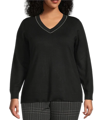 Investments Plus Size Jeweled V-Neck Long Sleeve Pullover Top