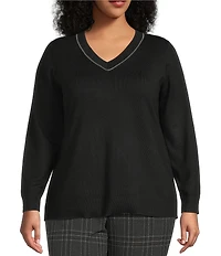 Investments Plus Size Jeweled V-Neck Long Sleeve Pullover Top
