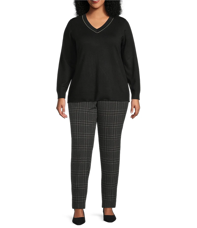 Investments Plus Size Jeweled V-Neck Long Sleeve Pullover Top