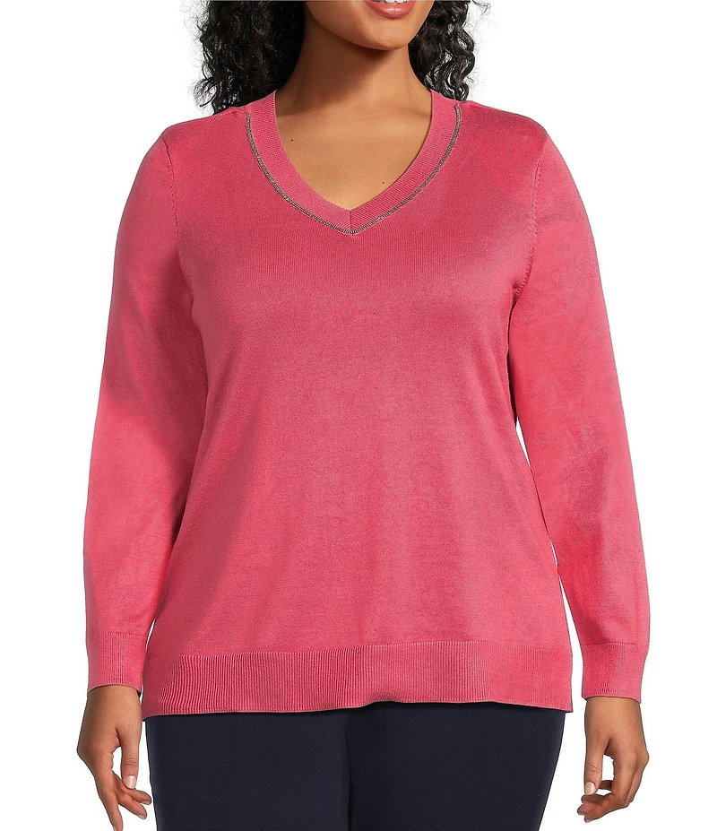 Investments Plus Size Jeweled V-Neck Long Sleeve Pullover Top