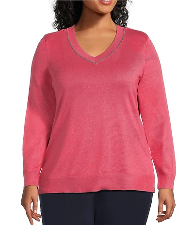 Investments Plus Size Jeweled V-Neck Long Sleeve Pullover Top