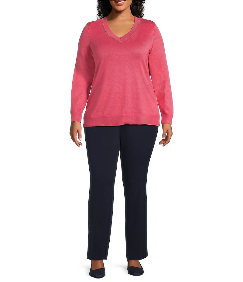 Investments Plus Size Jeweled V-Neck Long Sleeve Pullover Top