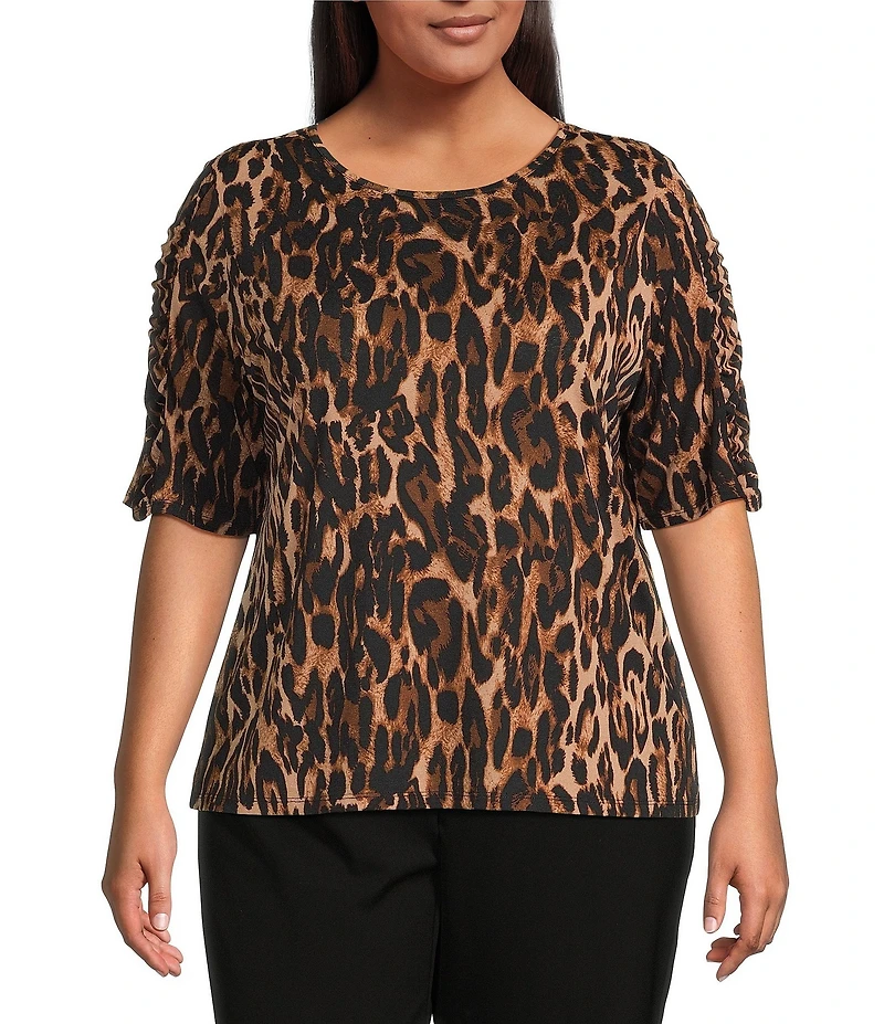 Investments Plus Size Knit Animal Print Elbow Length Sleeve Crew Neck Top