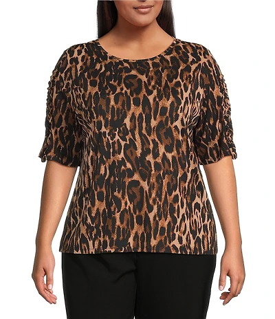 Investments Plus Size Knit Animal Print Elbow Length Sleeve Crew Neck Top