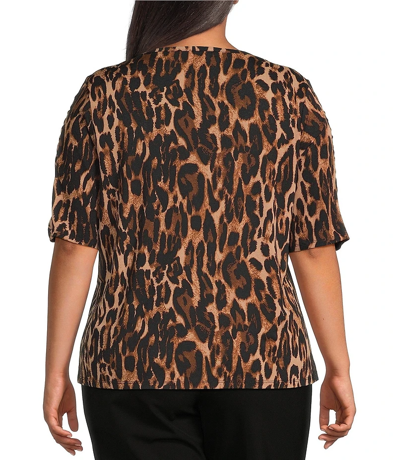 Investments Plus Size Knit Animal Print Elbow Length Sleeve Crew Neck Top