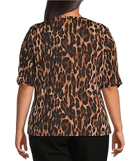 Investments Plus Size Knit Animal Print Elbow Length Sleeve Crew Neck Top