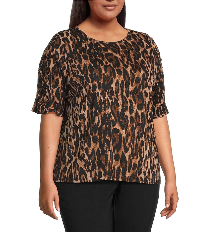 Investments Plus Size Knit Animal Print Elbow Length Sleeve Crew Neck Top