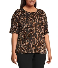 Investments Plus Size Knit Animal Print Elbow Length Sleeve Crew Neck Top
