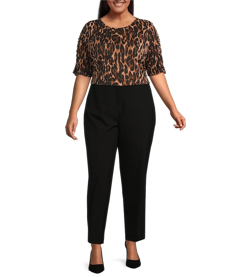 Investments Plus Size Knit Animal Print Elbow Length Sleeve Crew Neck Top