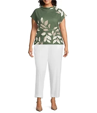 Investments Plus Size Knit Bronze Green/Neutral Leaf Short Sleeve High Neck Ottoman Top