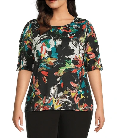 Investments Plus Size Knit Floral Garden Gestures Elbow Length Sleeve Crew Neck Top