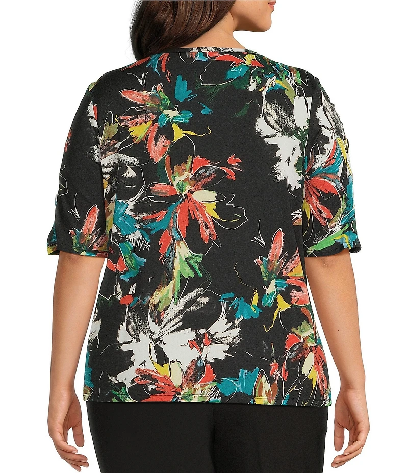 Investments Plus Size Knit Floral Garden Gestures Elbow Length Sleeve Crew Neck Top