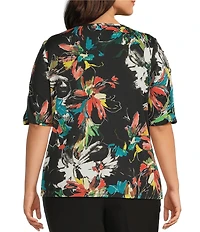 Investments Plus Size Knit Floral Garden Gestures Elbow Length Sleeve Crew Neck Top