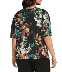 Investments Plus Size Knit Floral Garden Gestures Elbow Length Sleeve Crew Neck Top