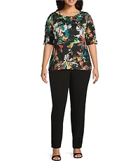 Investments Plus Size Knit Floral Garden Gestures Elbow Length Sleeve Crew Neck Top