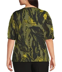 Investments Plus Size Knit Painted Bronze Green Zebra Elbow Length Sleeve Crew Neck Top
