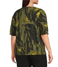 Investments Plus Size Knit Painted Bronze Green Zebra Elbow Length Sleeve Crew Neck Top