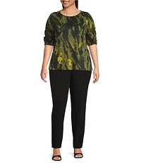 Investments Plus Size Knit Painted Bronze Green Zebra Elbow Length Sleeve Crew Neck Top