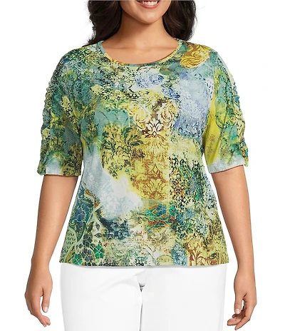 Investments Plus Size Knit Vintage Tapestry Elbow Length Sleeve Crew Neck Top