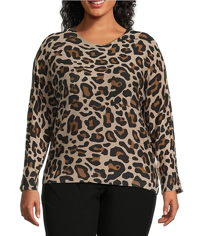 Investments Plus Size Leopard Long Sleeve Boat Neck Pullover Sweater