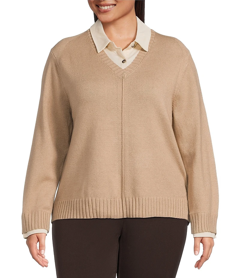 Investments Plus Size Long Sleeve Point Collar Twofer Sweater