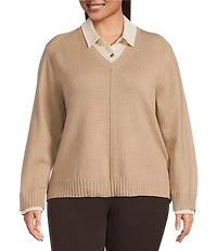 Investments Plus Size Long Sleeve Point Collar Twofer Sweater