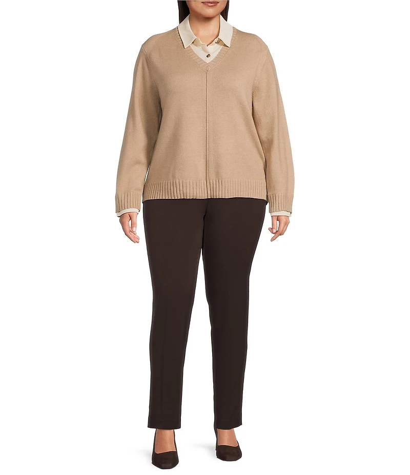 Investments Plus Size Long Sleeve Point Collar Twofer Sweater