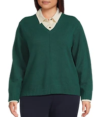 Investments Plus Size Long Sleeve Point Collar Twofer Sweater