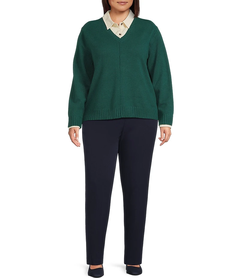 Investments Plus Size Long Sleeve Point Collar Twofer Sweater
