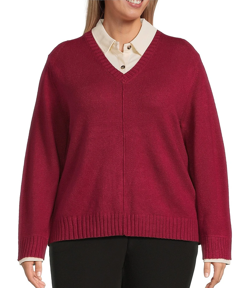 Investments Plus Size Long Sleeve Point Collar Twofer Sweater