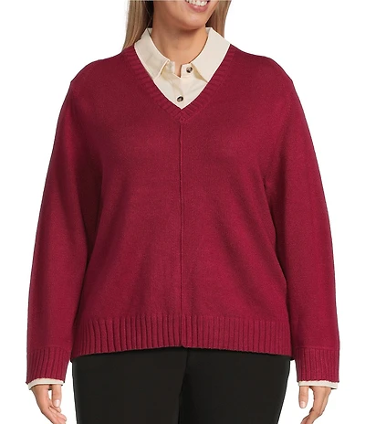 Investments Plus Size Long Sleeve Point Collar Twofer Sweater