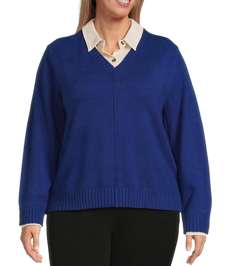 Investments Plus Size Long Sleeve Point Collar Twofer Sweater