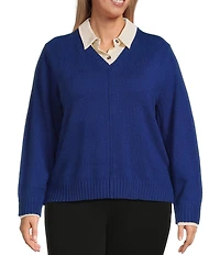 Investments Plus Size Long Sleeve Point Collar Twofer Sweater