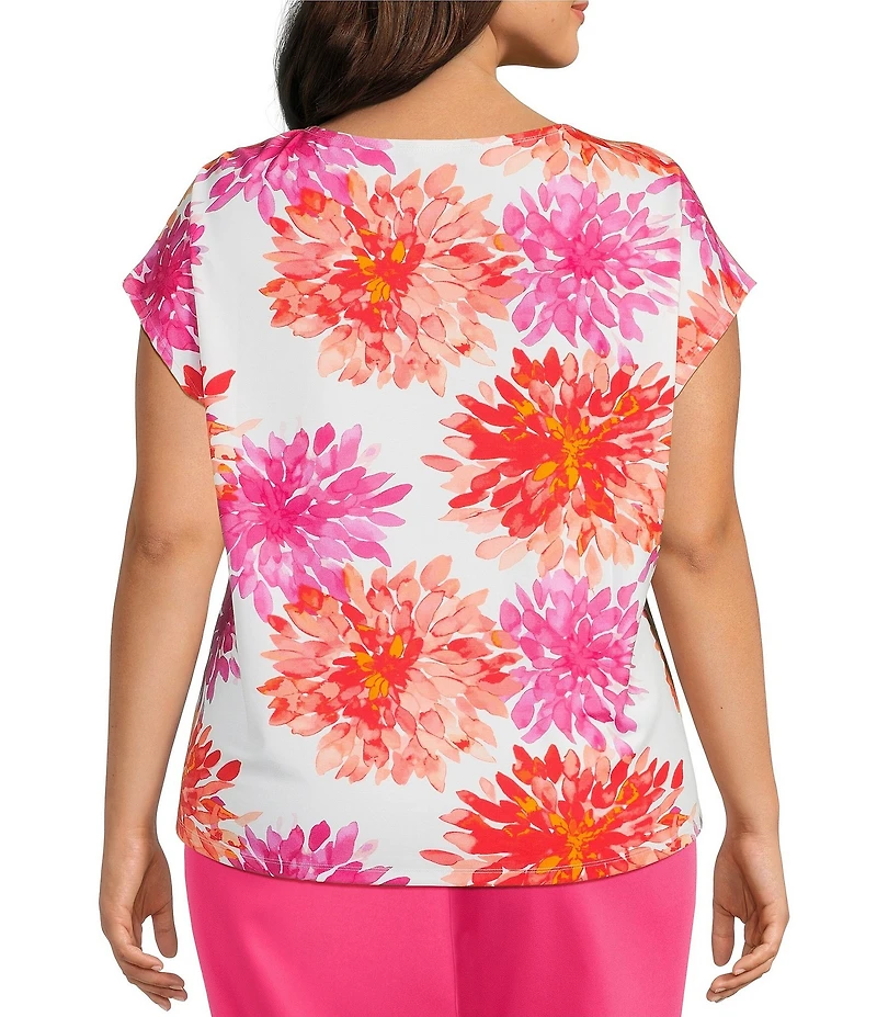 Investments Plus Size Magenta Chrysanthemum Print Cap Sleeve Boat Neck Rory Knit Tee