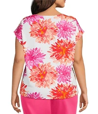Investments Plus Size Magenta Chrysanthemum Print Cap Sleeve Boat Neck Rory Knit Tee