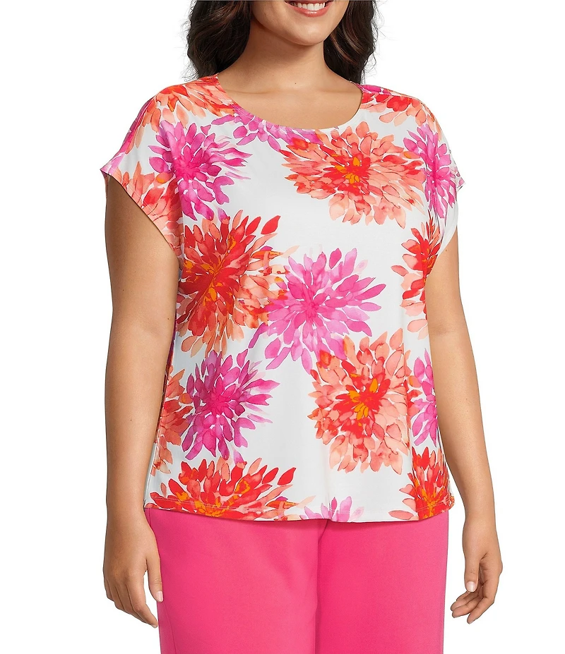 Investments Plus Size Magenta Chrysanthemum Print Cap Sleeve Boat Neck Rory Knit Tee