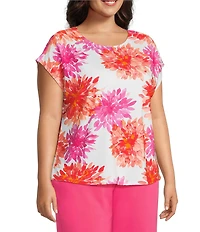Investments Plus Size Magenta Chrysanthemum Print Cap Sleeve Boat Neck Rory Knit Tee