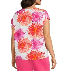 Investments Plus Size Magenta Chrysanthemum Print Cap Sleeve Boat Neck Rory Knit Tee