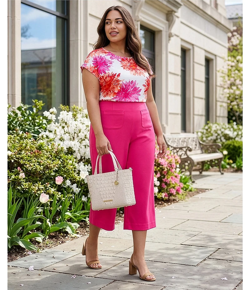 Investments Plus Size Magenta Chrysanthemum Print Cap Sleeve Boat Neck Rory Knit Tee