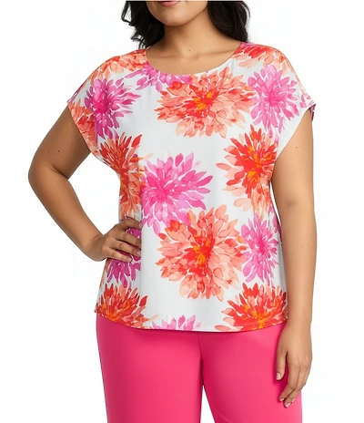 Investments Plus Size Magenta Chrysanthemum Print Cap Sleeve Boat Neck Rory Knit Tee