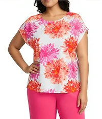 Investments Plus Size Magenta Chrysanthemum Print Cap Sleeve Boat Neck Rory Knit Tee