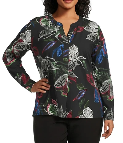 Investments Plus Size Nora Linear Floral Print Long Sleeve Y-Neck Drapey Twill Blouse