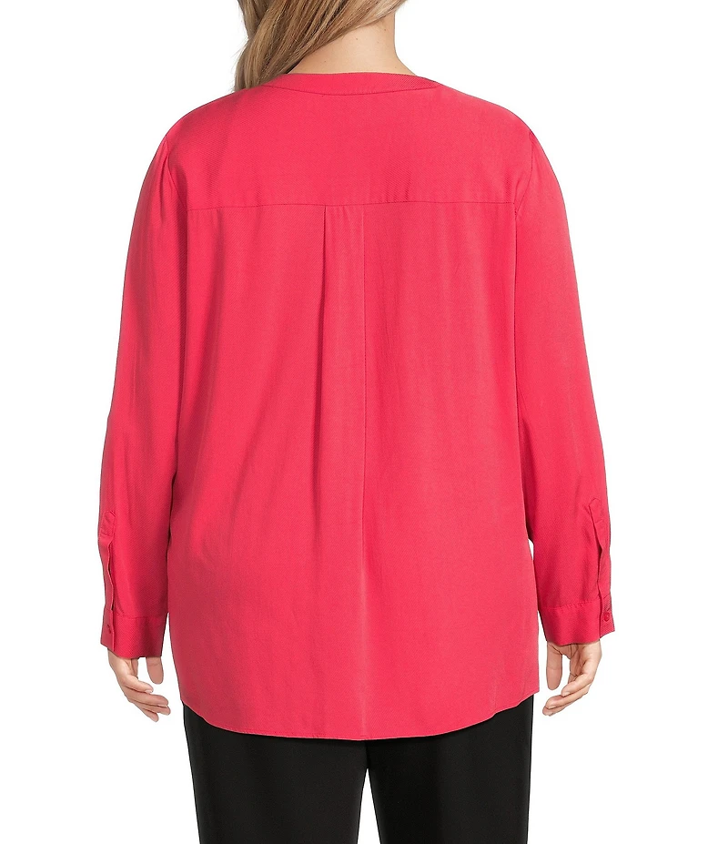 Investments Plus Size Nora Long Sleeve Y-Neck Drapey Twill Blouse
