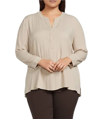 Investments Plus Size Nora Long Sleeve Split V-Neck Drapey Twill Blouse