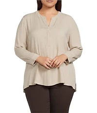 Investments Plus Size Nora Long Sleeve Y-Neck Drapey Twill Blouse
