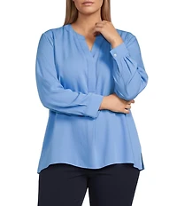 Investments Plus Size Nora Long Sleeve Y-Neck Drapey Twill Blouse