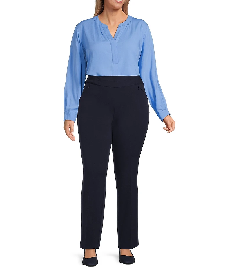 Investments Plus Size Nora Long Sleeve Y-Neck Drapey Twill Blouse