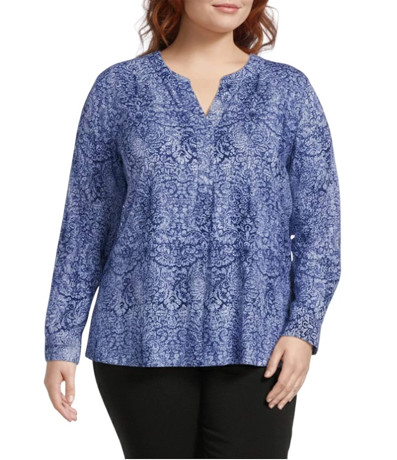 Investments Plus Size Nora Mazarine Scroll Long Sleeve Y-Neck Drapey Twill Blouse