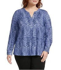 Investments Plus Size Nora Mazarine Scroll Long Sleeve Y-Neck Drapey Twill Blouse